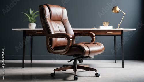 Armchair upholstered in brown leather is placed before a wooden desk with a lamp and a green plant.