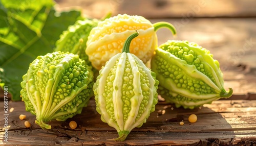 Green and yellow horned melons on wood.