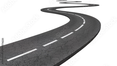 Fotografia Winding asphalt road with white dashed lines, isolated on transparent background