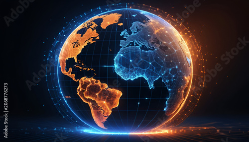 Earth globe displays glowing digital connections spanning across continents against a dark backdrop.