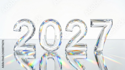 Crystal numbers 2027 representing the upcoming new year isolated on a reflective white surface with vibrant rainbow light refractions and sparkling glass texture luxury design