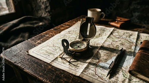 Compass and Map on Wooden Table, Cozy Cabin, Still Life, Rustic Setting, Close-Up Focus