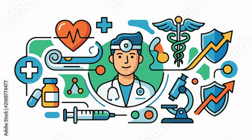 A smiling doctor surrounded by medical symbols and icons