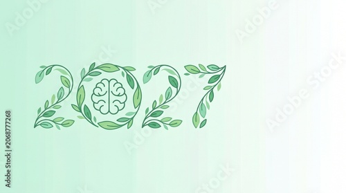 Twenty twenty seven year date illustration with green floral leaves and a human brain icon on a soft light gradient background for sustainable future concepts