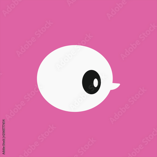 Cute cartoon chick or bird character with one large eye looking left isolated on pink background