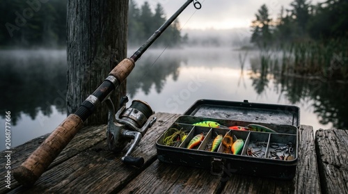 Fishing Adventure, Angler's Gear, Tranquil Lake, Photo, Morning Mist, Close-Up, Exploring Nature's Serenity