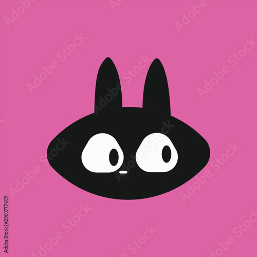 Simple black cartoon cat face with big white eyes and pink background