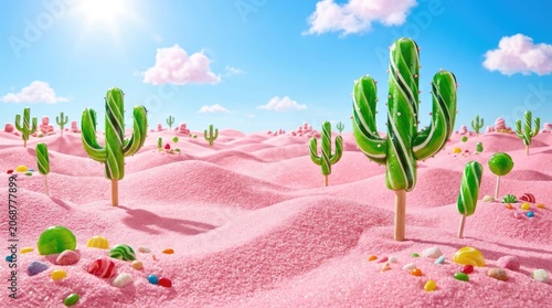 Whimsical candy desert landscape with green cactus lollipops and pink sugar dunes under a bright blue sky