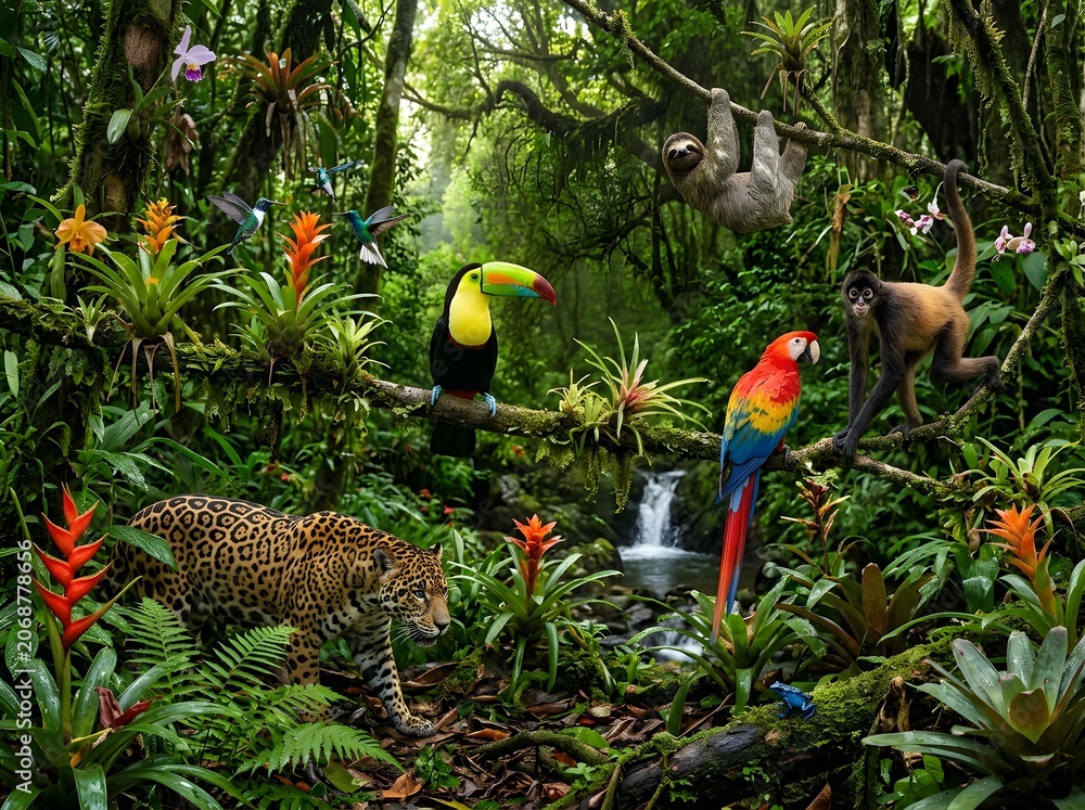 Obraz premium Vibrant tropical rainforest scene with exotic animals and lush greenery in a dense jungle environment with a small waterfall