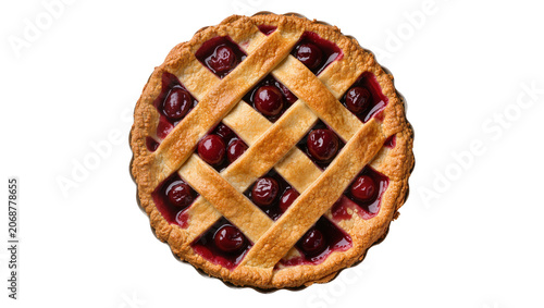 Konstfotografi Golden cherry pie with lattice crust and dark red filling