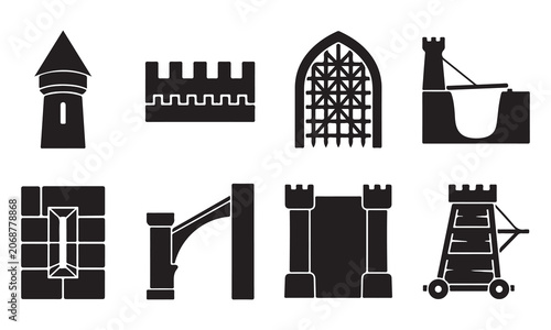 Fotografie Collection of black silhouette featuring medieval castle architecture such as a