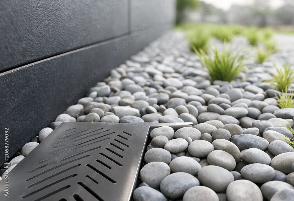 Fototapeta premium Modern French drain system with gravel stones and protective grate ensuring efficient water drainage, outdoor surface protection, and durable architectural exterior landscaping solution.