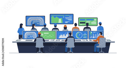 Control Room Operators Monitoring Systems on Multiple Screens