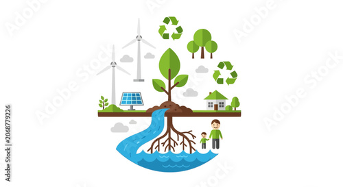 Eco-friendly environment concept with renewable energy, clean water and green living.