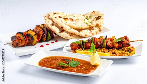 Indian food dishes with naan bread.