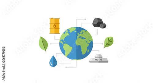 Earth Resources Concept: Oil, Coal, Metal, Water, and Leaves