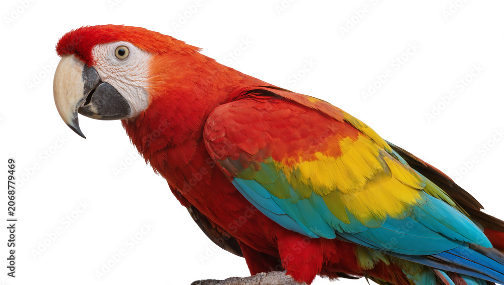Fototapeta premium Scarlet macaw parrot with vibrant red yellow and blue feathers, isolated on transparent background
