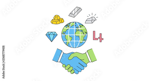 Global Business Partnership: Handshake, Earth, Gold, Silver, Diamond, Finance