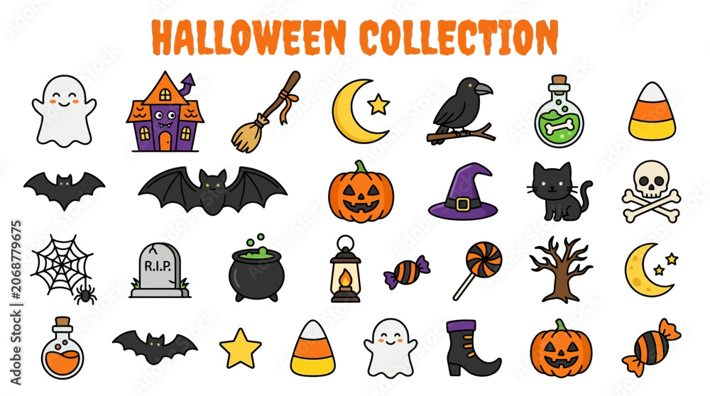 Fototapeta premium Halloween themed vector illustrations of ghosts, bats, pumpkins, and spooky icons.