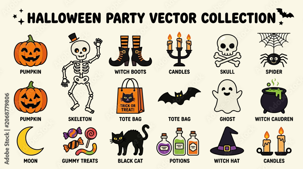 Fototapeta premium Halloween party vector collection with festive icons and characters on a spooky night