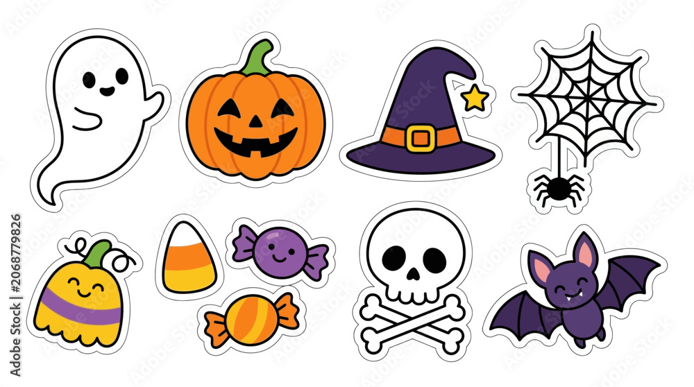 Fototapeta premium Halloween sticker collection with spooky illustrations of ghost, pumpkin, witch hat, spider web, candy, skull, and bat for festive decorations.
