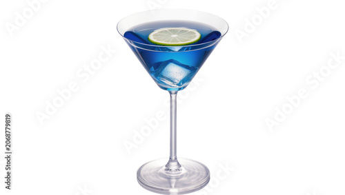 Blue martini cocktail with ice cubes and lime slice, isolated on transparent background