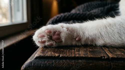 Cat Action Paw Close-Up, Cozy Indoor Setting, Lifestyle Photography, Warm Atmosphere, Soft Focus, Adorable Concept