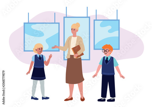 Teacher brought students to museum. Vector illusntation for school trip poster, cultural education banner, or museum event flyer.