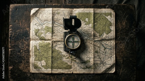Compass on Old Maps, Adventure Setting, Vintage Style, Overhead View, Travel Concept