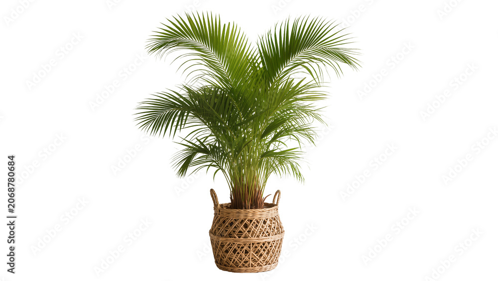 Obraz premium Areca palm plant in woven basket with green fronds