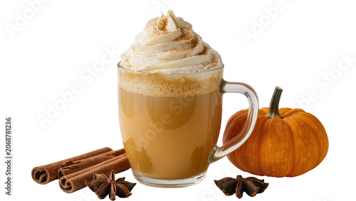 Pumpkin spice latte with whipped cream cinnamon sticks star anise, and mini pumpkin