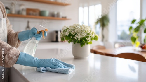 A person cleans a white kitchen countertop using a spray bottle and a cloth while wearing blue rubber gloves. The bright kitchen has natural light and a minimal design