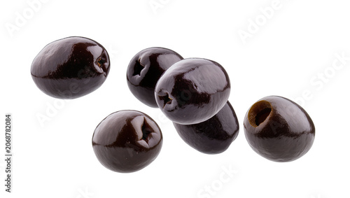 Cuadro en lienzo Five pitted black olives with glossy skin and visible indentations