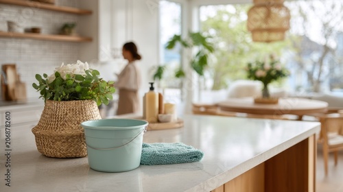 A woman is busy cleaning the kitchen countertop in a modern home. There is a bucket with supplies in the foreground and natural light filling the space