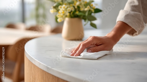 A woman is cleaning the kitchen island by spraying disinfectant and wiping the surface in a circular motion. The setting is bright and features a minimalist design with plants