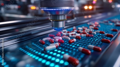 Advanced pharmaceutical manufacturing line with robotic precision filling capsules on glowing digital surface showing modern medicine production quality control research healthcare technology process