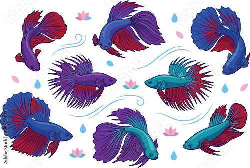 Quadro su tela Betta Fish Vector Icon Set Featuring Various Breeds Including Crowntail Halfmoon