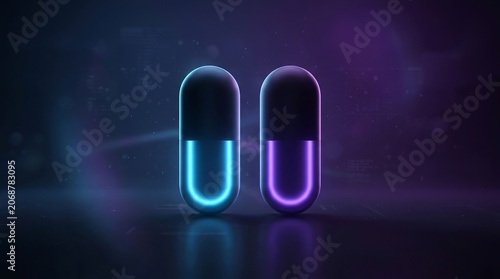 Futuristic Neon Medical Pills Glowing in Dark Digital Background