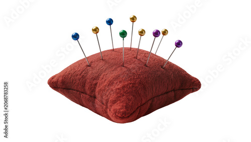 Red pincushion with multiple colorful pins, isolated on transparent background