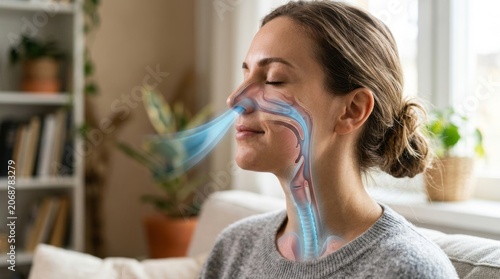 Close up woman receiving futuristic facial and breathing analysis with robotic scanner nasal airflow glow medical wellness technology respiratory health beauty diagnostics and calm spa treatment scene