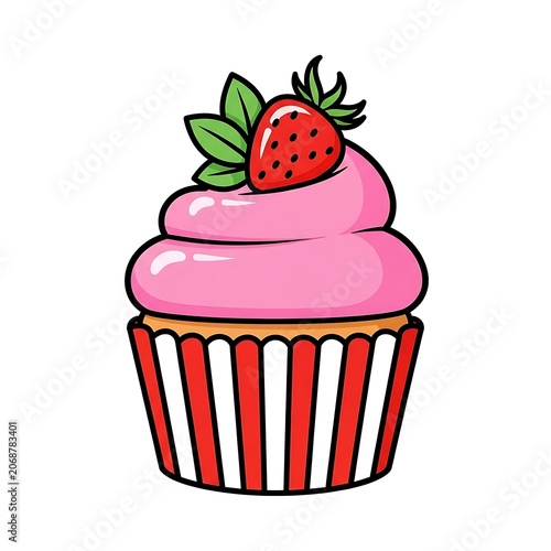 Pink cupcake with strawberry and leaves decoration.