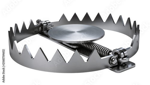 Fotografie Metal animal trap with sharp teeth and coiled spring, isolated on transparent ba