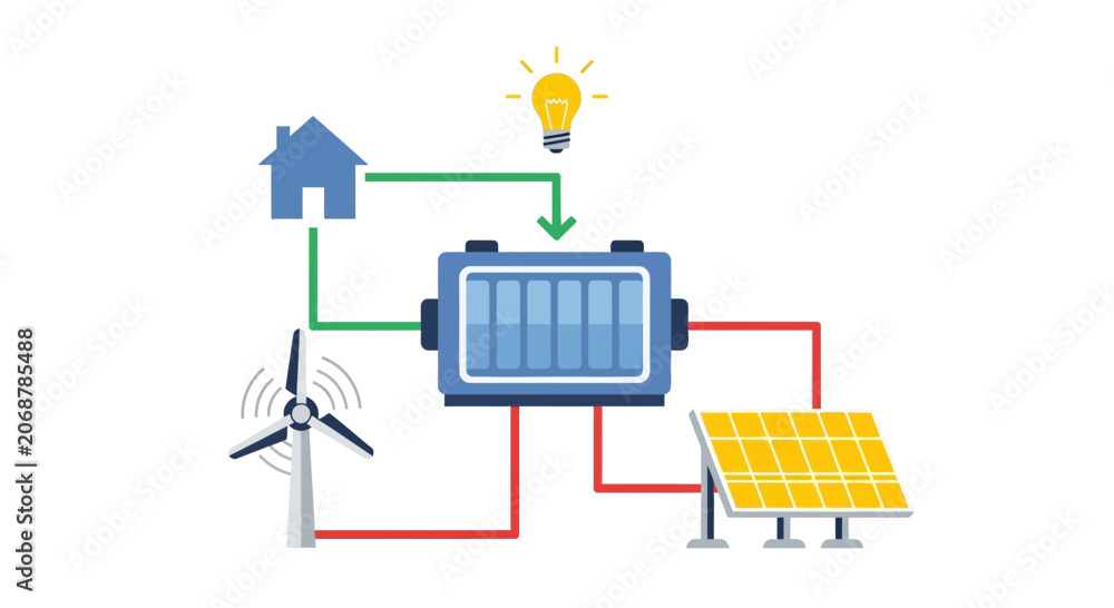 Obraz premium Renewable Energy Home System: Solar, Wind, Battery, Lightbulb