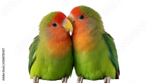 Tableau sur toile Two Fischer s lovebirds with orange faces and green bodies, isolated on transpar