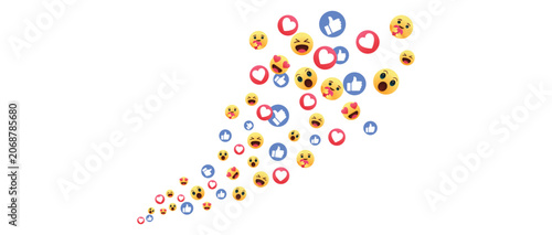 Social Media Reaction Stream. Floating like, love and emoji reaction icons vector background for live stream engagement, feedback, notification and online interaction
