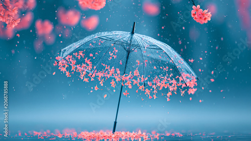A transparent umbrella adorned with falling pink cherry blossoms hovers over a reflective surface in a dreamy, soft-focused setting.