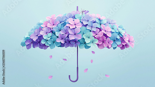 An artistic umbrella composed of pastel blue and pink hydrangea flowers with petals gently falling against a soft blue background.