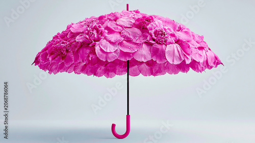 A pink umbrella made entirely of layered flower petals, blending nature and design in a creative and visually striking composition.