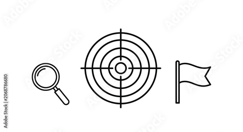 Magnifying Glass Target And Flag Line Icons On White Background