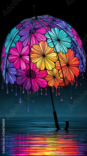 A colorful umbrella with vibrant floral patterns reflects on a calm water surface against a dark background.